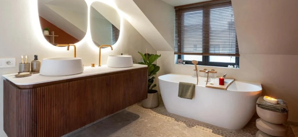 Moderne badkamer met vrijstaand bad en dubbele wastafel