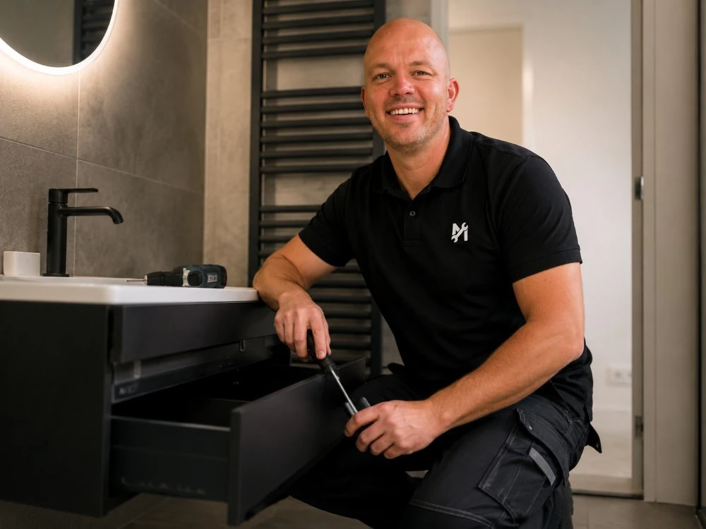 Monteur werkt geknield aan een moderne badkamer