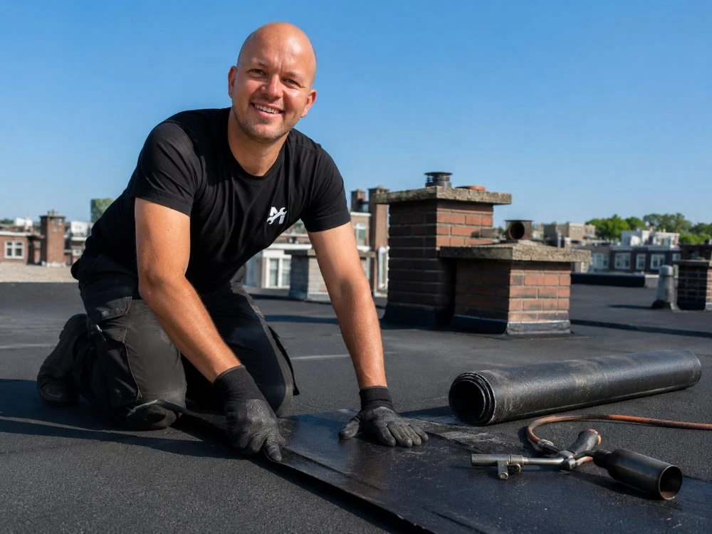 Man in werkkleding rolt bitumen dakbedekking uit op een plat dak