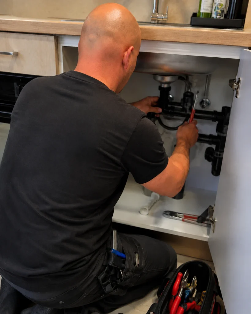 Loodgieter werkt aan leidingen onder een wastafel